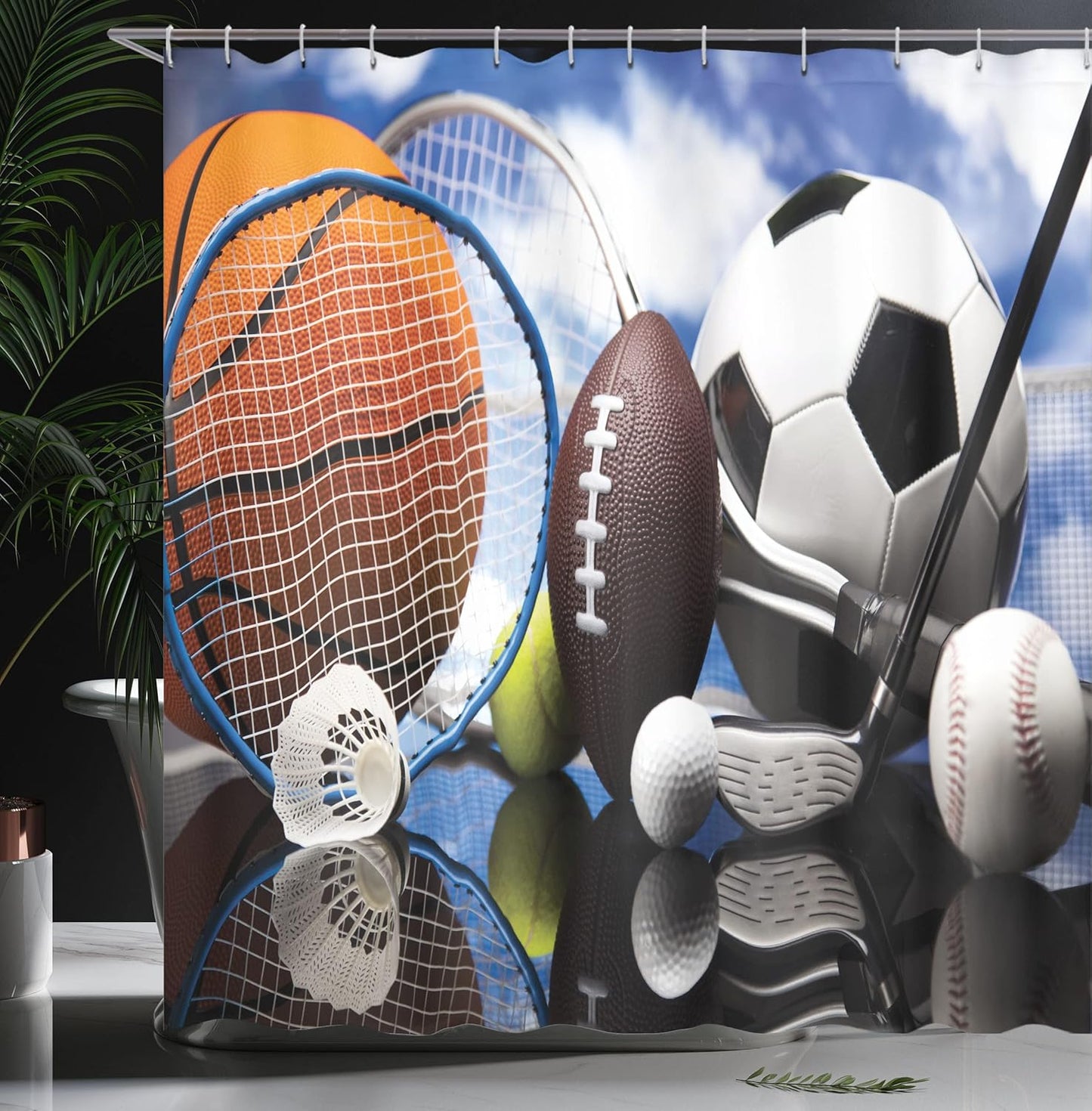 Sports Shower Curtain, Sports Equipment Football Soccer Darts Ice Hockey Baseball Basketball Theme, Cloth Fabric Bathroom Decor Set with Hooks, 69" W X 75" L, Orange Black