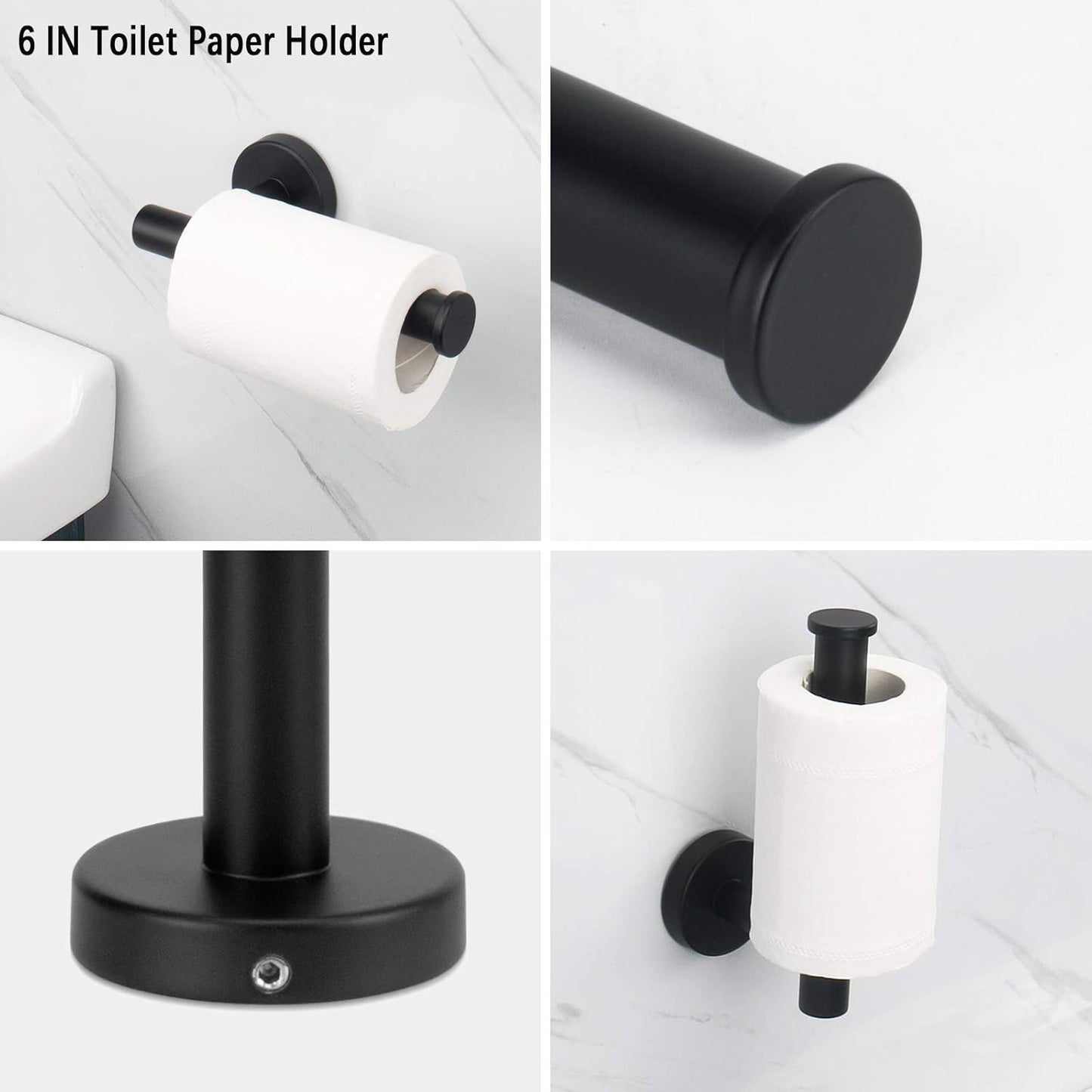 7 Pieces Bathroom Hardware Set SUS304 Thicken Stainless Steel-Towel Rack Kit Include 24" Towel Rod+ 9" Hand Towel Bar+ Toilet Paper Holder+4Robe Towel Hooks Bath Accessories (Matte Black)
