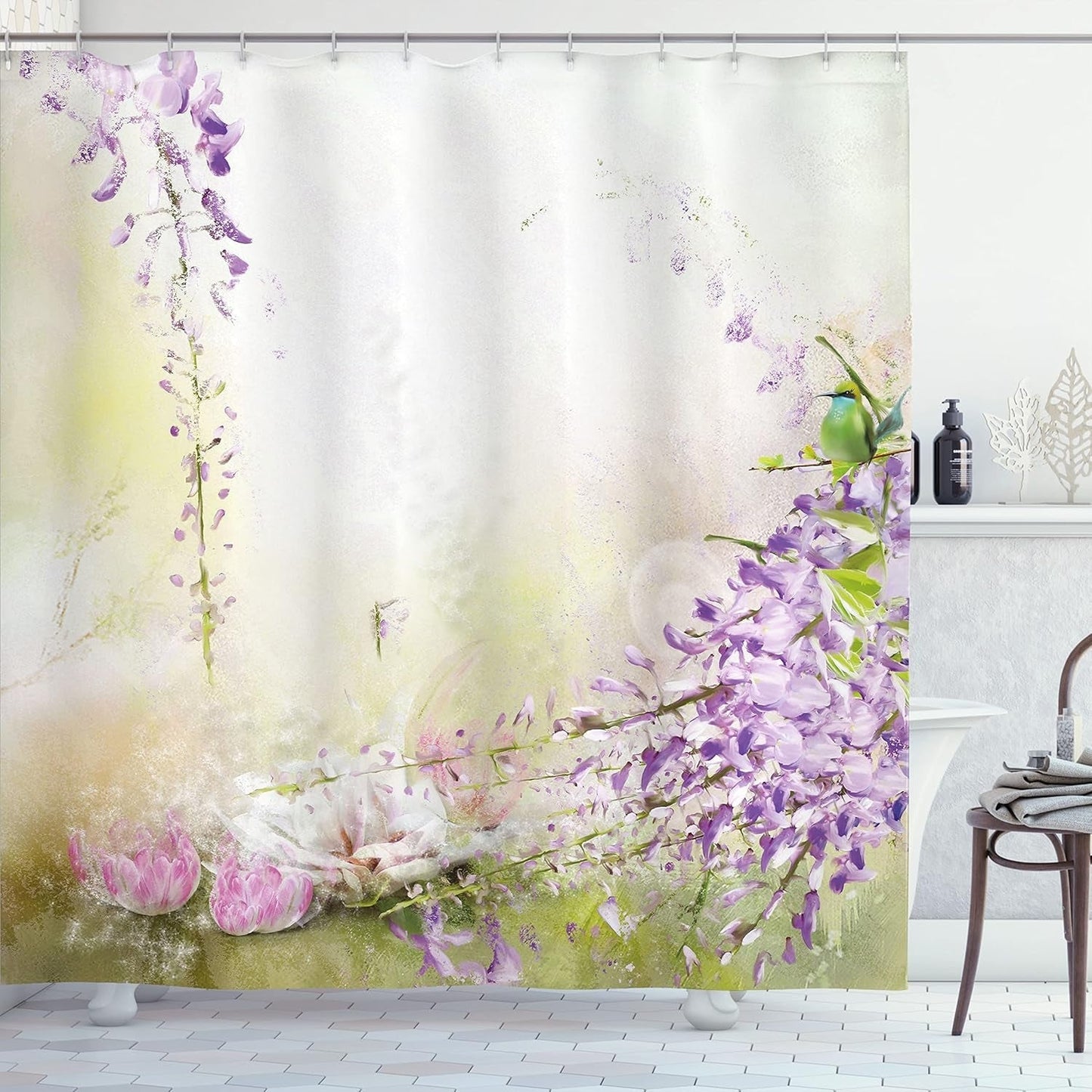 Lavender Shower Curtain, Painting Style Floral Composition Spring Inspired Garden Plants, Cloth Fabric Bathroom Decor Set with Hooks, 69" W X 75" L, Lavender Green Cream