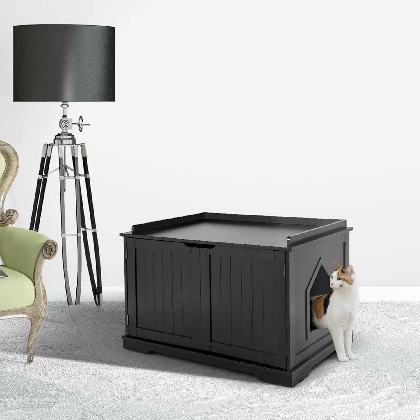 Cat Litter Box Side Table Washroom Storage Bench Wooden Enclosure Pet House Black