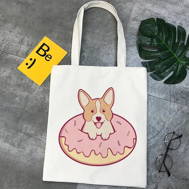 Corgi Dog Cartoon Funny Shopping Bag Graphic Tote Handbag Harajuku Shopper Bag for Women Eco Large-Capacity Female Shoulder Bag