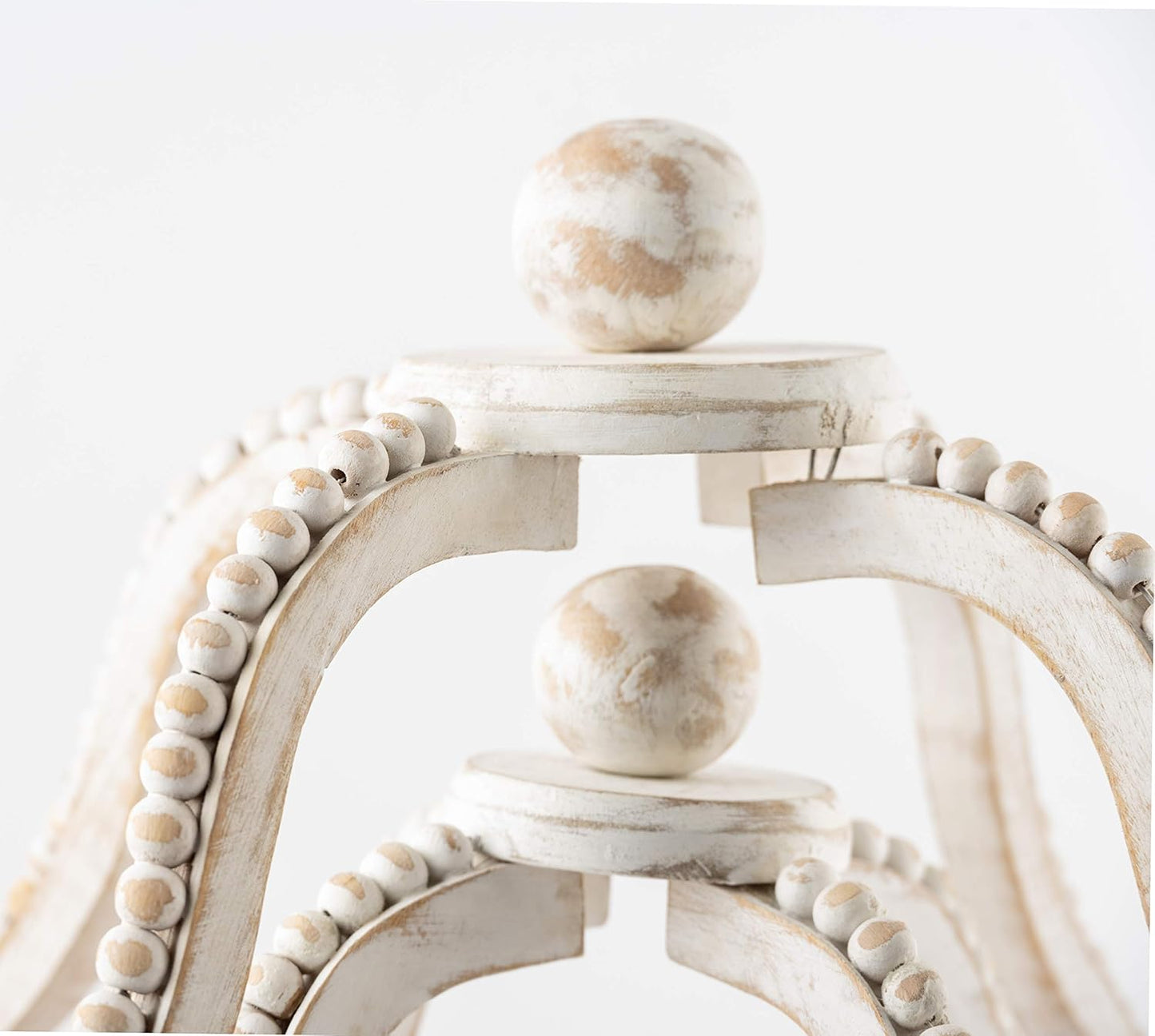 Wood Beaded Lantern Set, Distressed White WASH