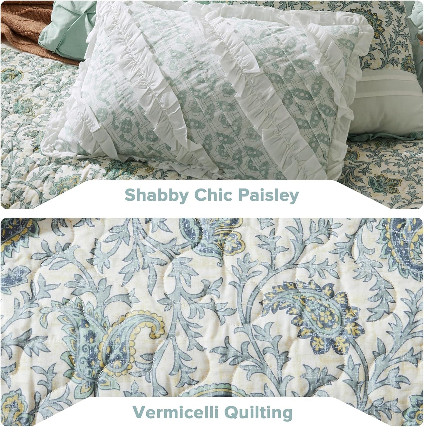 100% Cotton Quilt Set Floral Print, Double Sided Stitching, All Season, Lightweight Coverlet Shabby Chic Bedding Layer, Matching Shams, King/Cal King, Light Teal 6 Piece , Aqua
