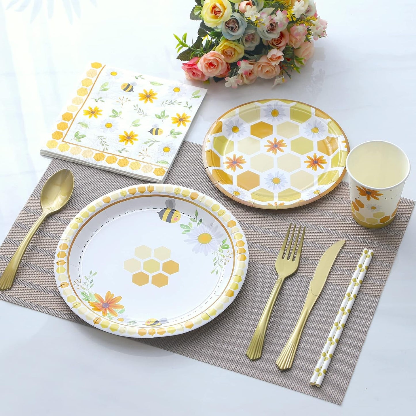 Bee Themed Party Supplies – Serves 16 – Includes Disposable Bee Plates, Cups, Napkins, and Straws Perfect for Bee Decorations, Bumble Bee Birthday Party Pack, Bee Gender Reveal, and Baby Shower