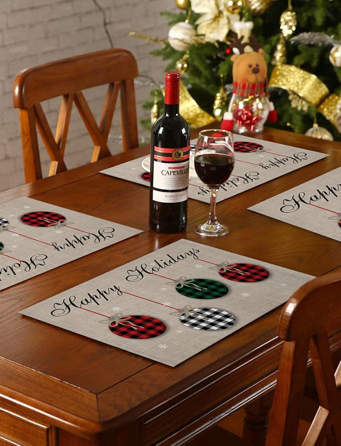 Christmas Theme Placemats Set of 6, Farmhouse Rustic Ornaments Plaid Balls Cotton Line Stain Resistant Table Mats Washable Holidays Placemat Decoration for Kitchen Dining Table Happy Holidays