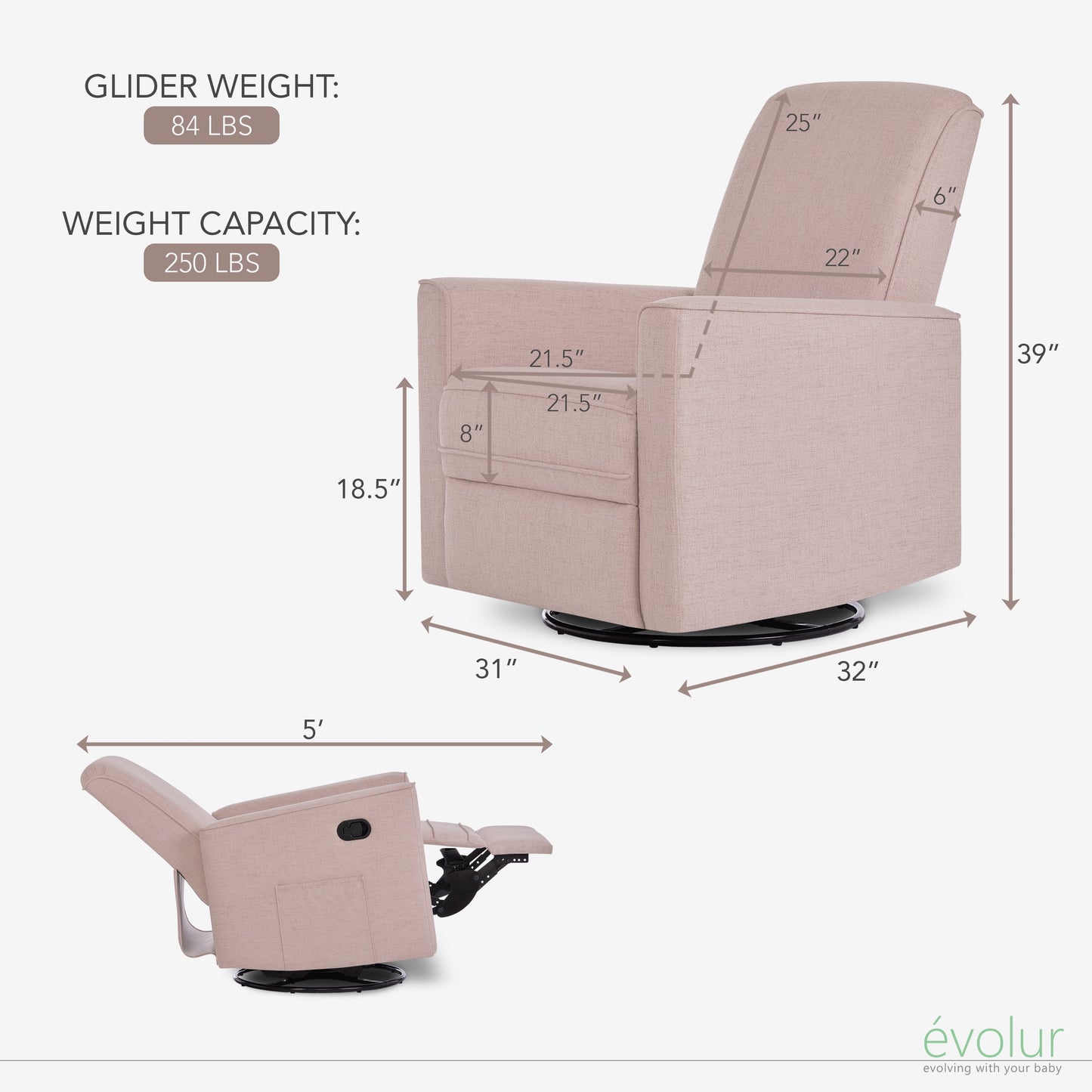 Raleigh Glider Recliner Rose with High Backrest Support, Durable Polyester Fabric