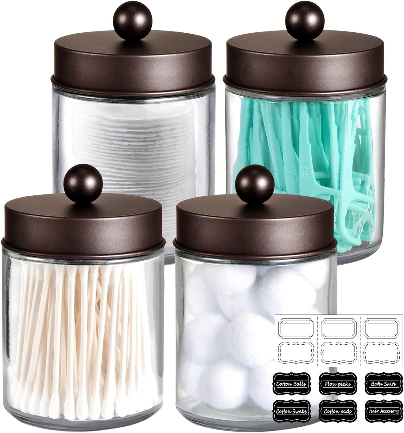 4Pc Apothecary Jars Bathroom Vanity Storage Organizer Set -Countertop Canister with Stainless Steel Lids &Cute Stickers - Qtip Dispenser Holder for Qtips,Cotton Swabs,Makeup Sponges (Bronze)