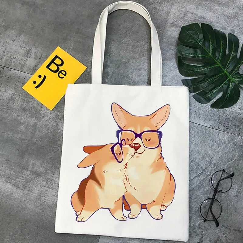 Corgi Dog Cartoon Funny Shopping Bag Graphic Tote Handbag Harajuku Shopper Bag for Women Eco Large-Capacity Female Shoulder Bag