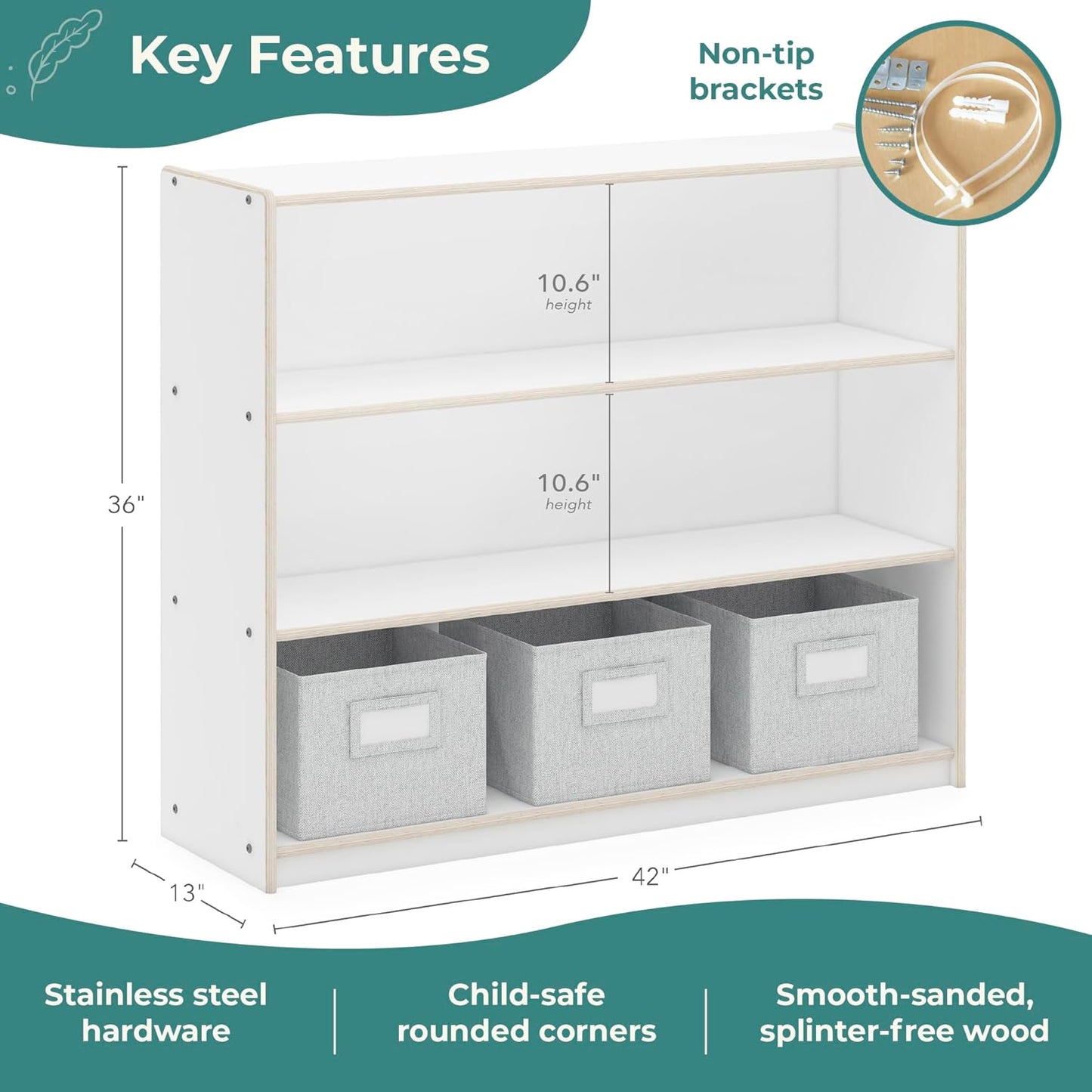 Edq Three Shelf Open Storage White with 3 Fabric Bins: Wood Bookshelf and Toy Organizer for Kids and Teachers; School Supply Furniture for Classrooms and Home