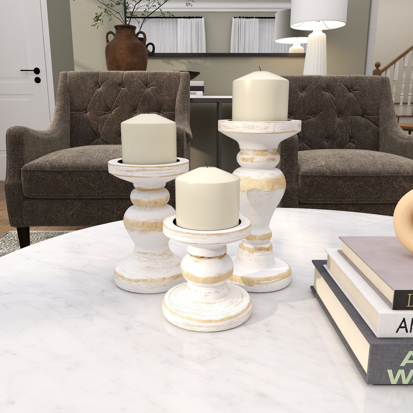 Farmhouse White Washed Wooden Curved Pillar Candle Holders Set of 3, 8", 6", 4"H Natural Distressed Finish