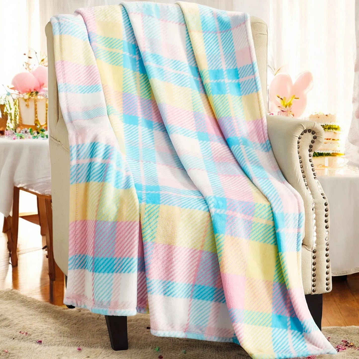 Spring Throw Blanket, Soft Cozy Velvet Fleece, Pink Blue White, 50" X 60" Inch