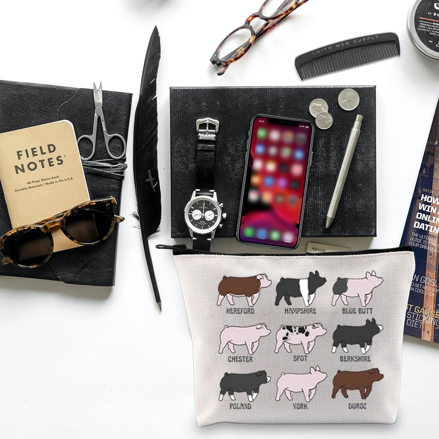 Funny Pig Idea Cosmetic Bag Pig Breed Inspired Zipper Pouch Pig Gifts for Pig Lovers Animal Lovers Gift Breeder Gift (Pig Show)