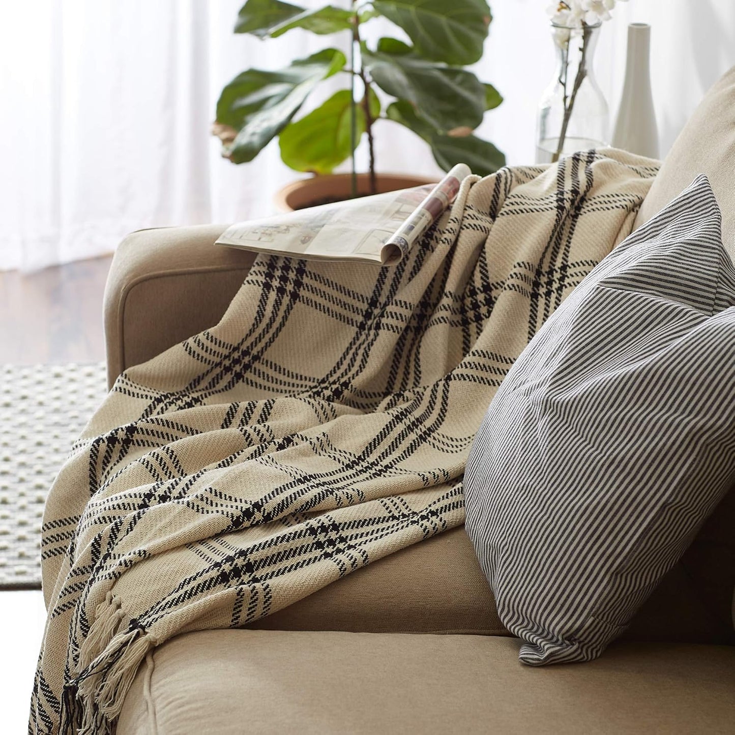 Modern Farmhouse Plaid Collection Cotton Fringe Throw Blanket, 50X60, White/Black