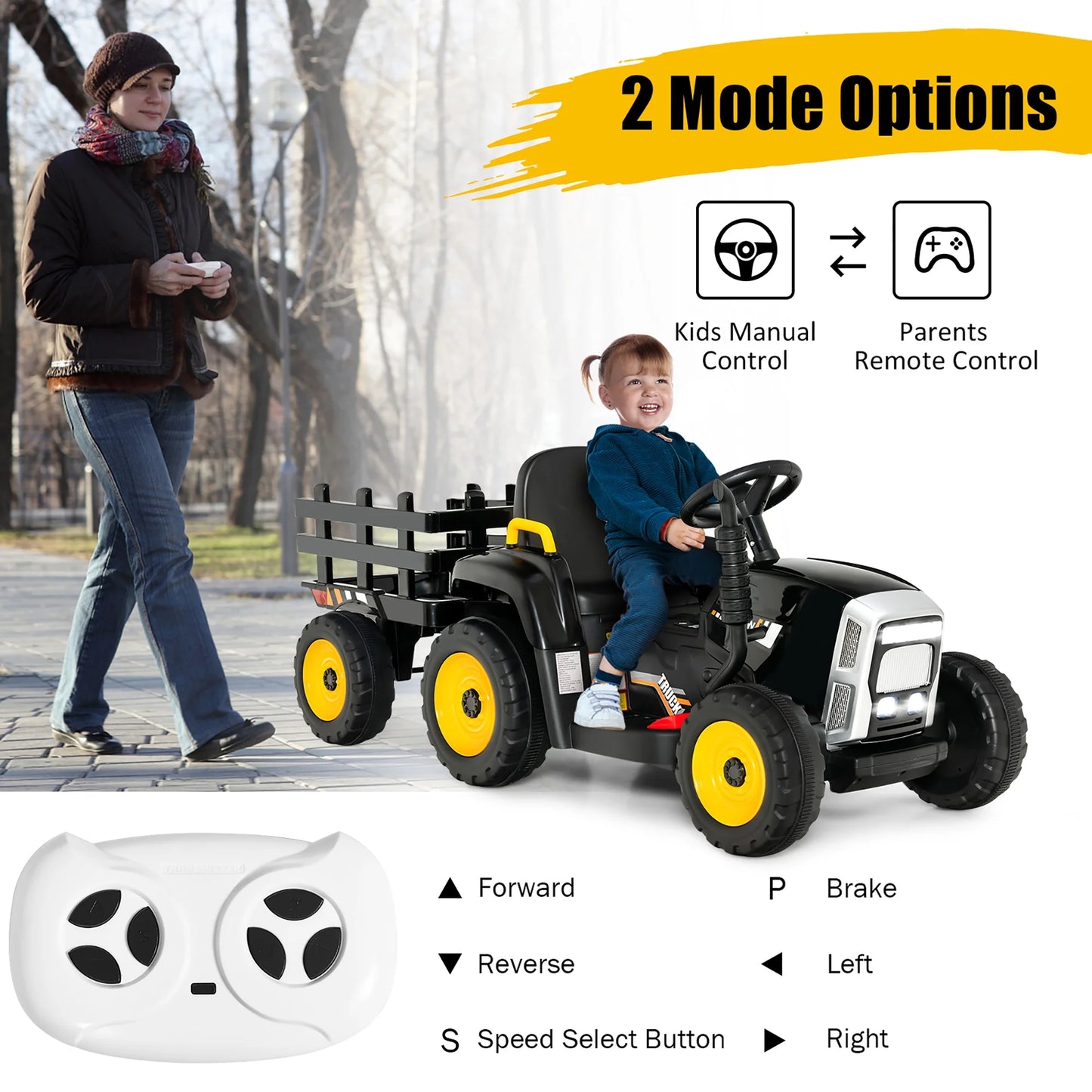 12V Kids Ride on Tractor with Trailer Ground Loader W/ RC & Lights Dark Black