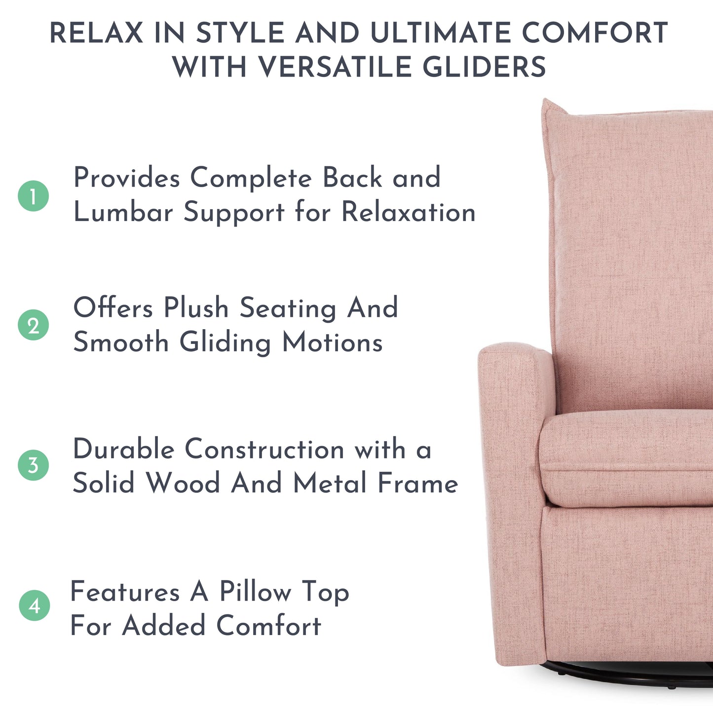Faye Glider Recliner, Swivel Glider, Easy Assembly, Rose, Nursery Glider