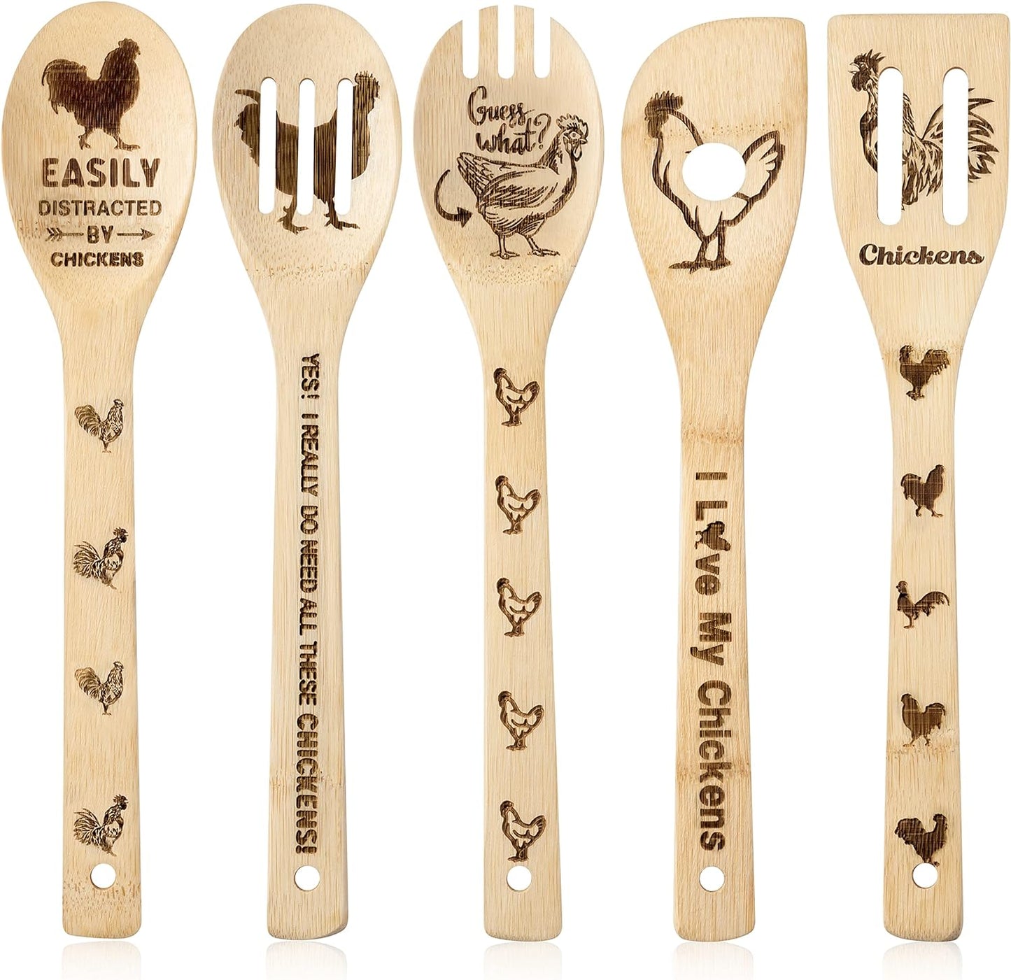 5Pcs Rooster Chicken Wooden Spoons Utensils Set Non-Stick Cooking Carve Burned