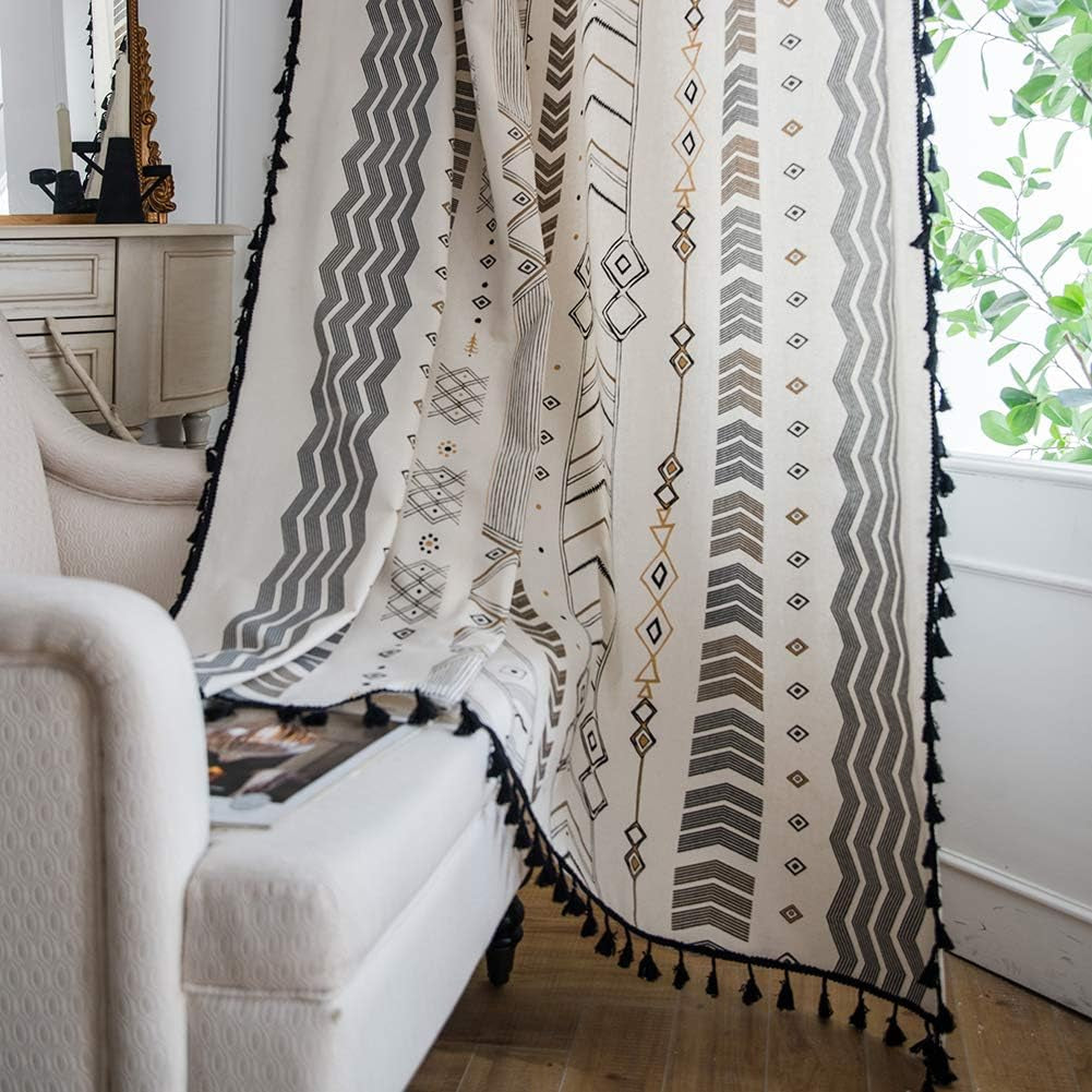 Boho Curtains 2 Panels Geometric Light Filtering Semi-Blackout Window Cotton Linen Patterned Western Curtains with Black Tassel Rod Pocket Drapes for Living Bedroom, 59W X 63L Inch, 1 Pair