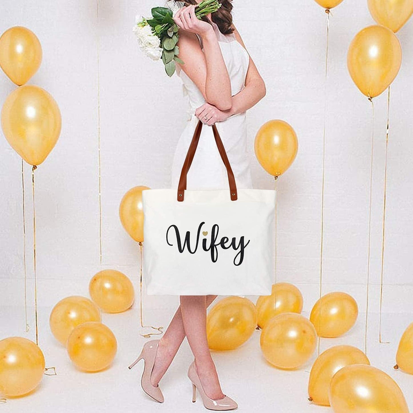 Wifey Tote Bag with Makeup Bag, Gifts for Engagement/Bridal Shower/Bachelorette/Wedding Party Canvas White