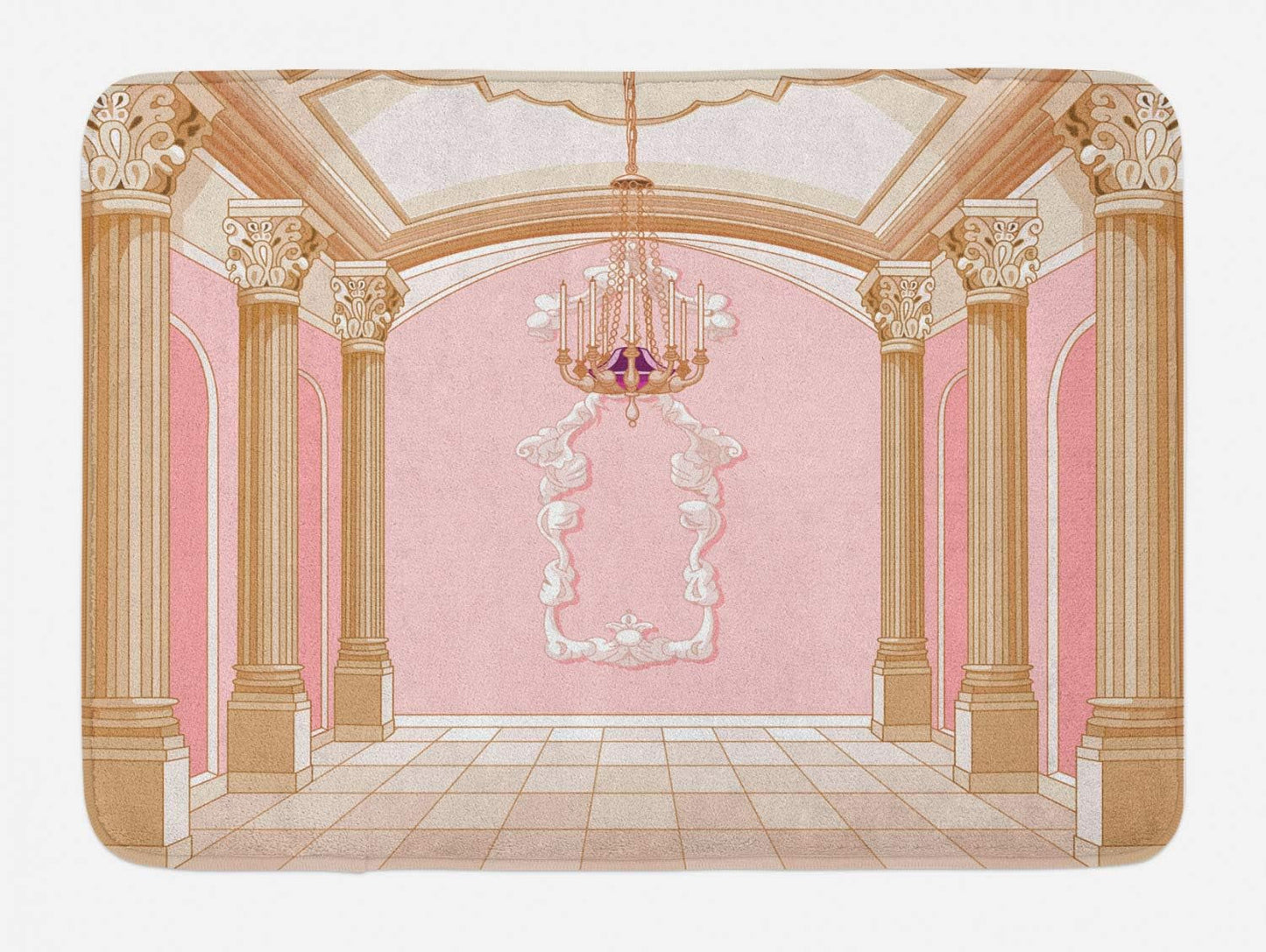 Cartoon Bath Mat, Interior of the Ballroom Magic Castle Chandelier Ceiling Columns Kingdom Print, Plush Bathroom Decor Mat with Non Slip Backing, 30.2" X 20", Rose Peach