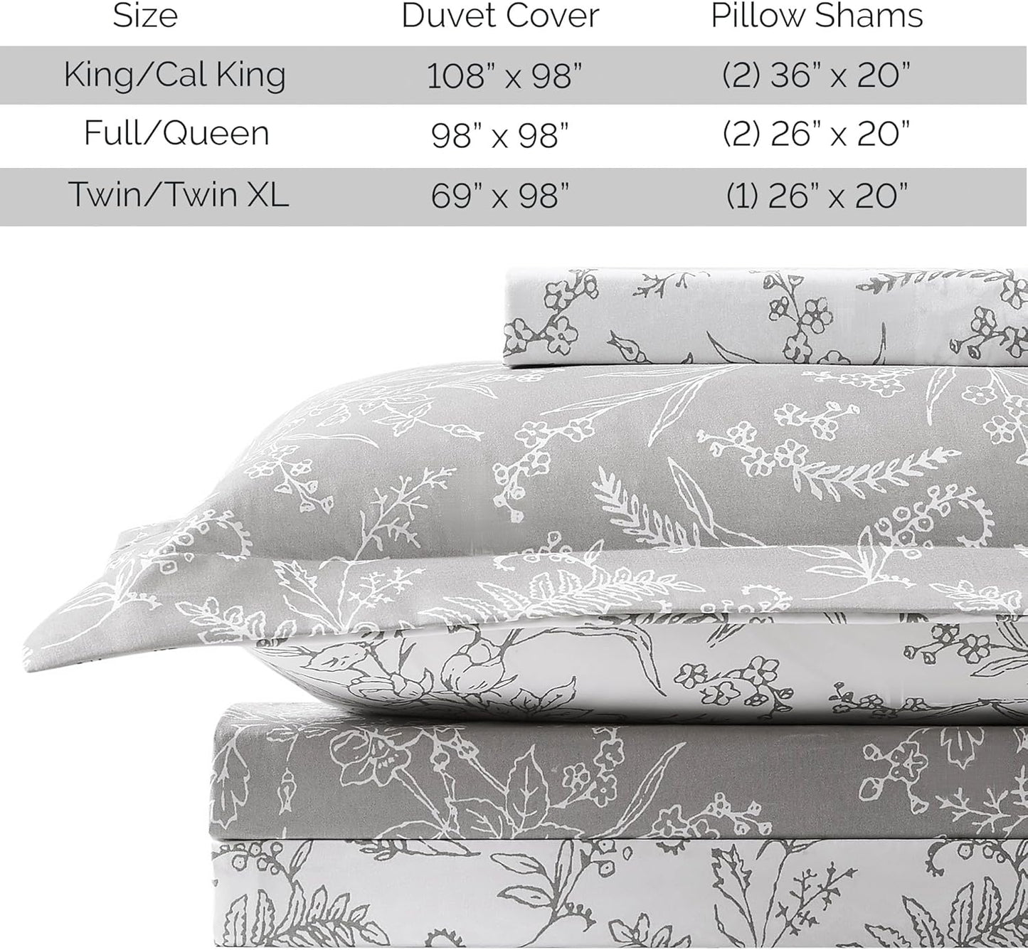Reversible Floral Duvet Cover Set, Twin//Xl – Premium Microfiber Bedding, Easy Care – Includes 1 Twin Duvet Cover and 1 Sham, Machine Washable, Winter Brush Steel Grey