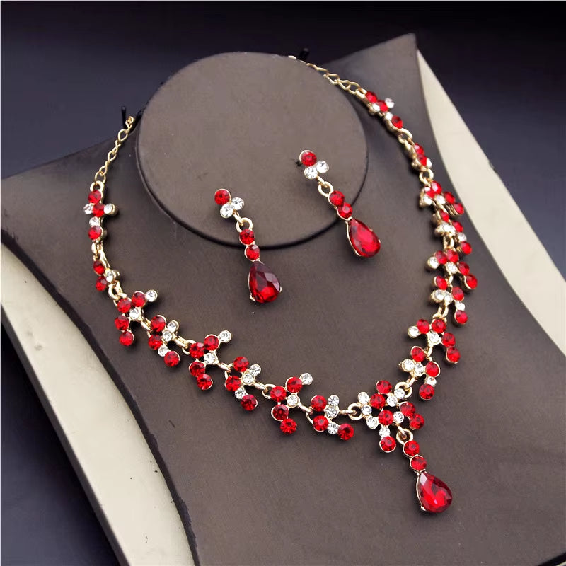 Luxury Crystal Bridal Jewelry Sets for Women Pink Tiaras Necklaces Earrings Set Bride Wedding Dress Birthday Crown Set Accessory