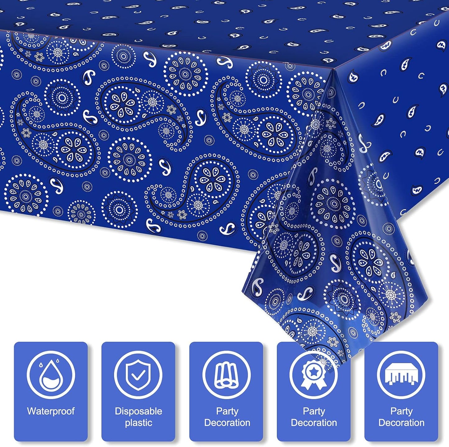 Western Party Tablecloth Paisley Table Cover Bandana Plastic Table Cloth Rectangle Floral Tablecloth for Western Cowboy Themed Party Decorations, 108 X 54 Inches (Blue, 3 Pack)