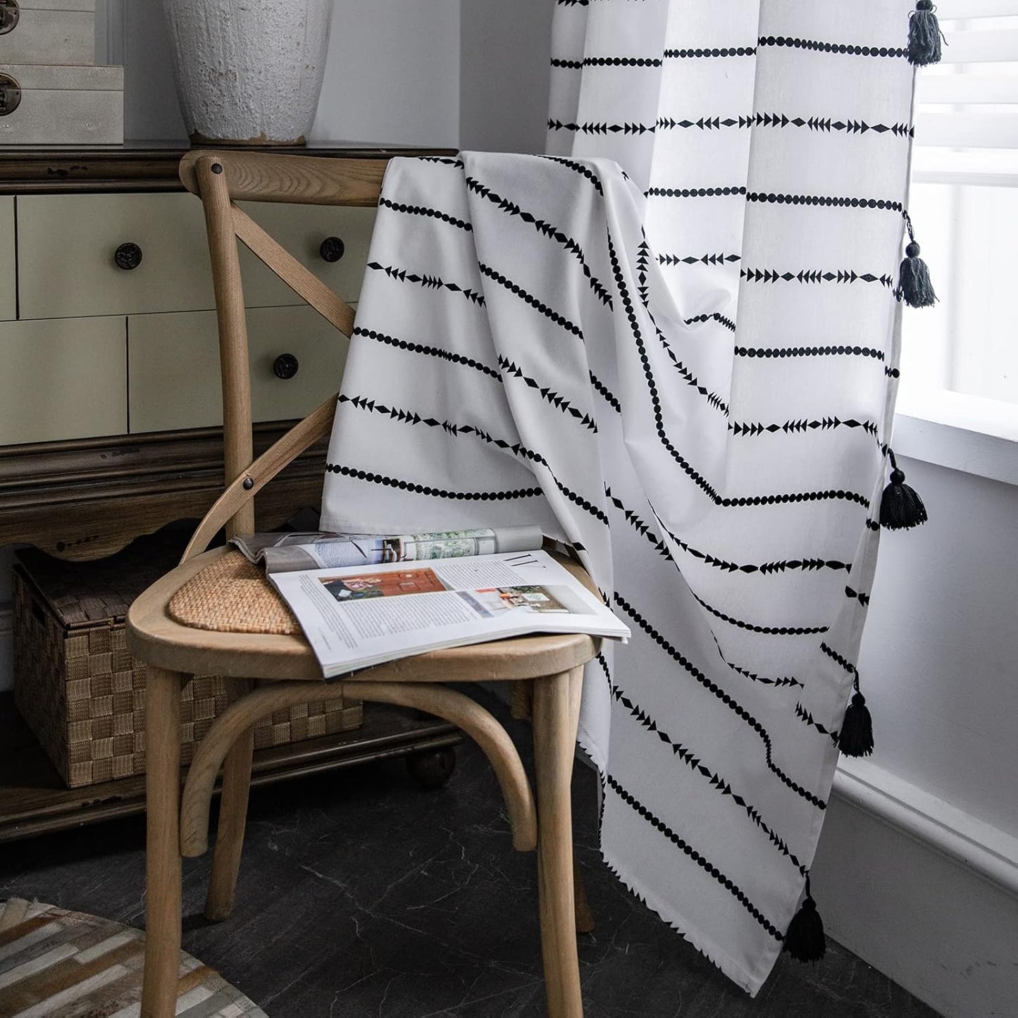 Geometric Striped Semi-Blackout Window Curtains for Living Room Boho Cotton Linen Darkening Curtains with Tassels Rod Pocket Drapes for Bedroom 2 Panels Set (52" W X 84" L, Black/White)