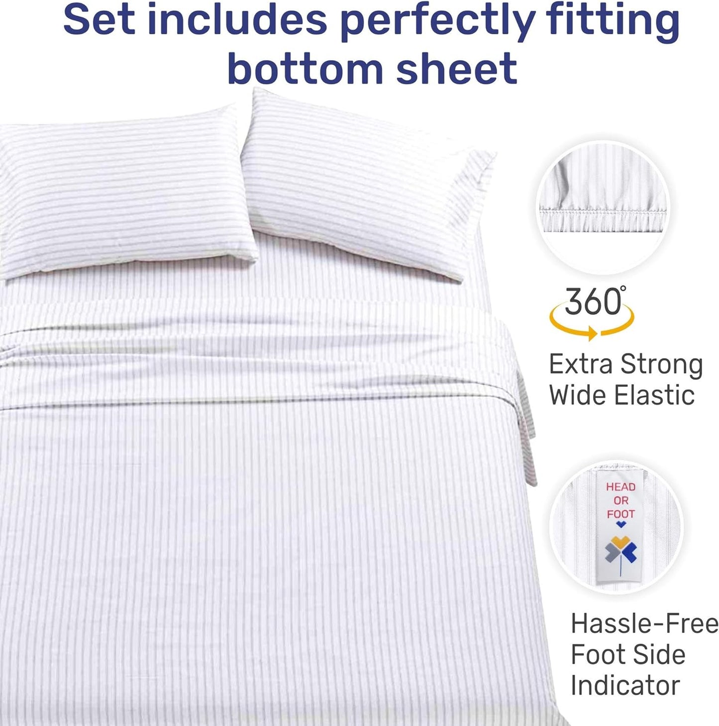 Luxury King Size Sheet Set - 100% Cotton, 600 Thread Count Deep Pocket King Sheets, Hotel-Quality Bedding with Sateen Weave - Ticking Stripe Pattern