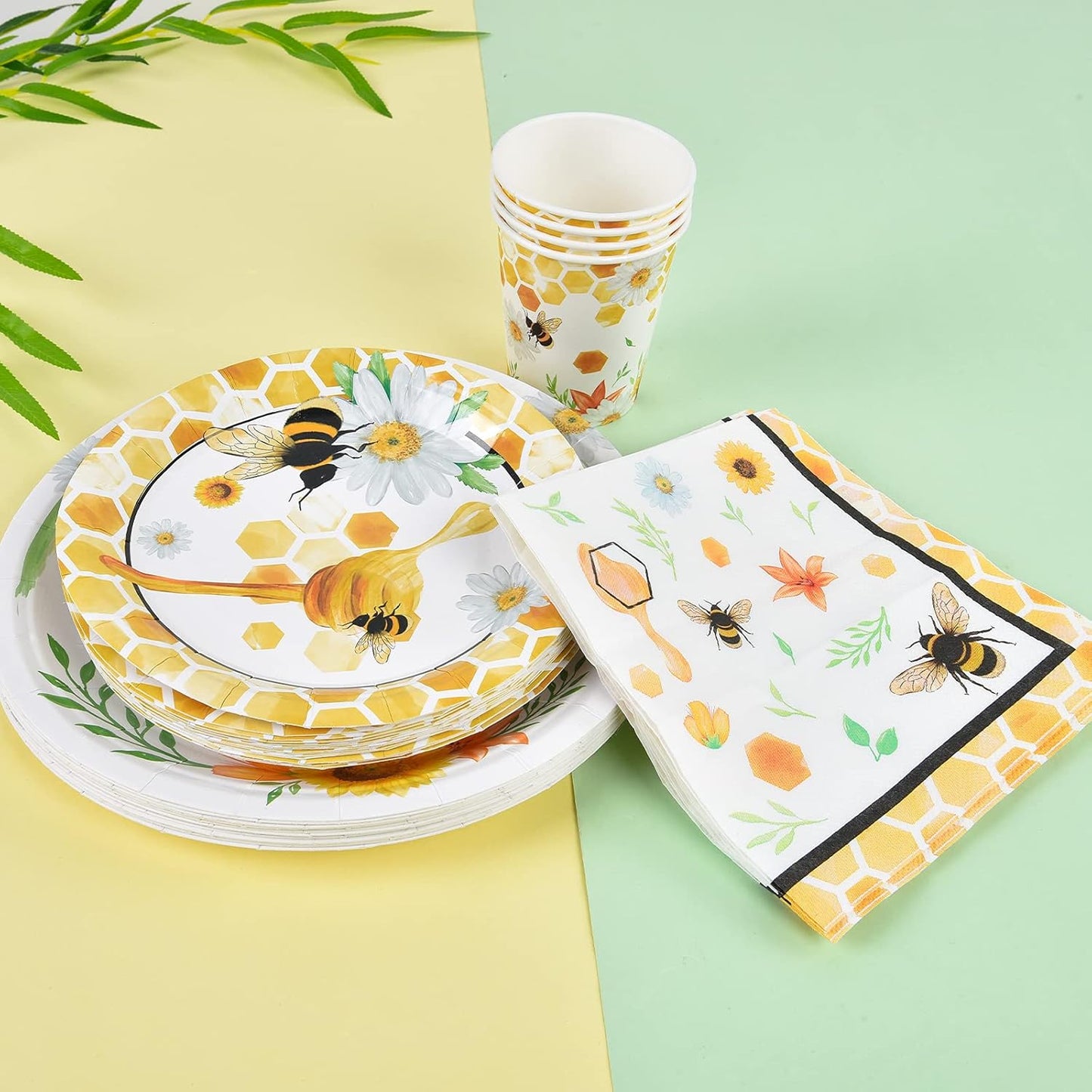 Bee Party Tableware Set - Bee Party Supplies Set for Kids Girls Honey Bee Birthday Bundle Baby Shower Happy Bee Day Paper Plates Cups Napkins Dinnerware Serves 16 Guests 64 PCS