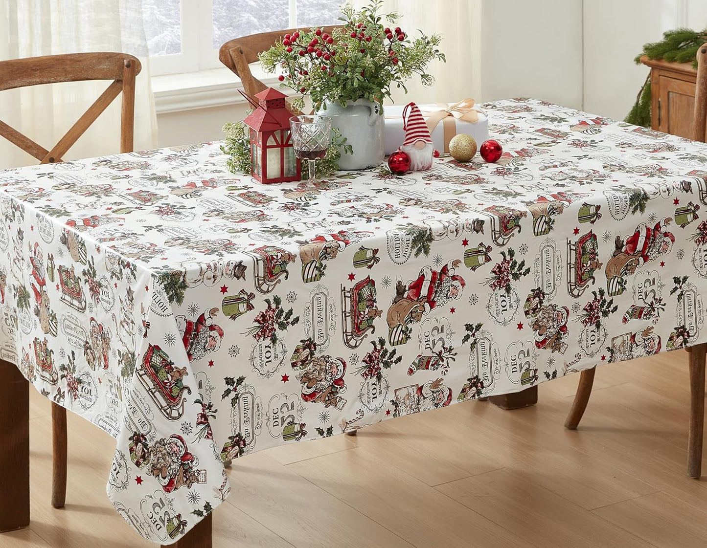 Vintage Nostalgia Home for Holidays Print Flannel Back Vinyl Christmas Tablecloth - Vintage Santa Claus, Snowman and Sleigh Xmas Wipe Clean Easy Care Tablecloth, 60” X 120” Oblong/Rectangle