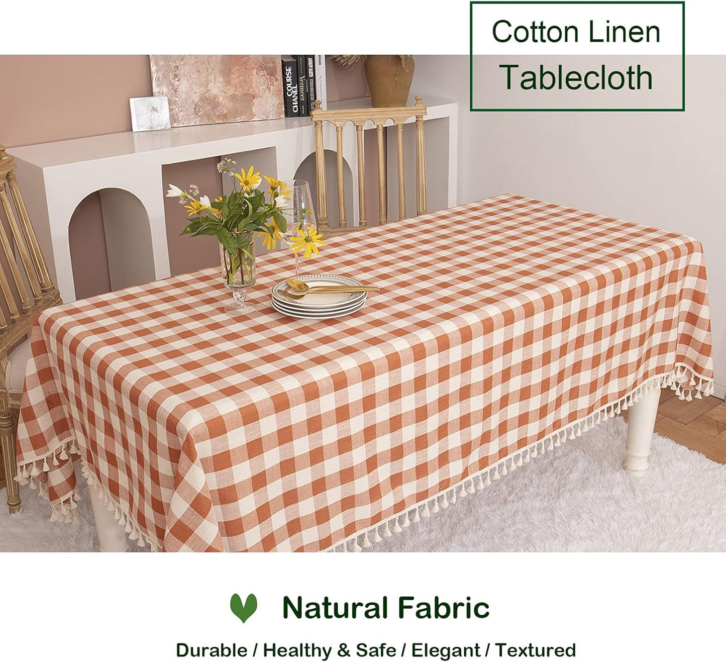 Rustic Gingham Tablecloth, Cotton Buffalo Plaid Table Cloth for Fall Thanksgiving Christmas Kitchen Restaurant Holiday Outdoor Picnic Decoration(Rectangle/Oblong, 55X84,Orange