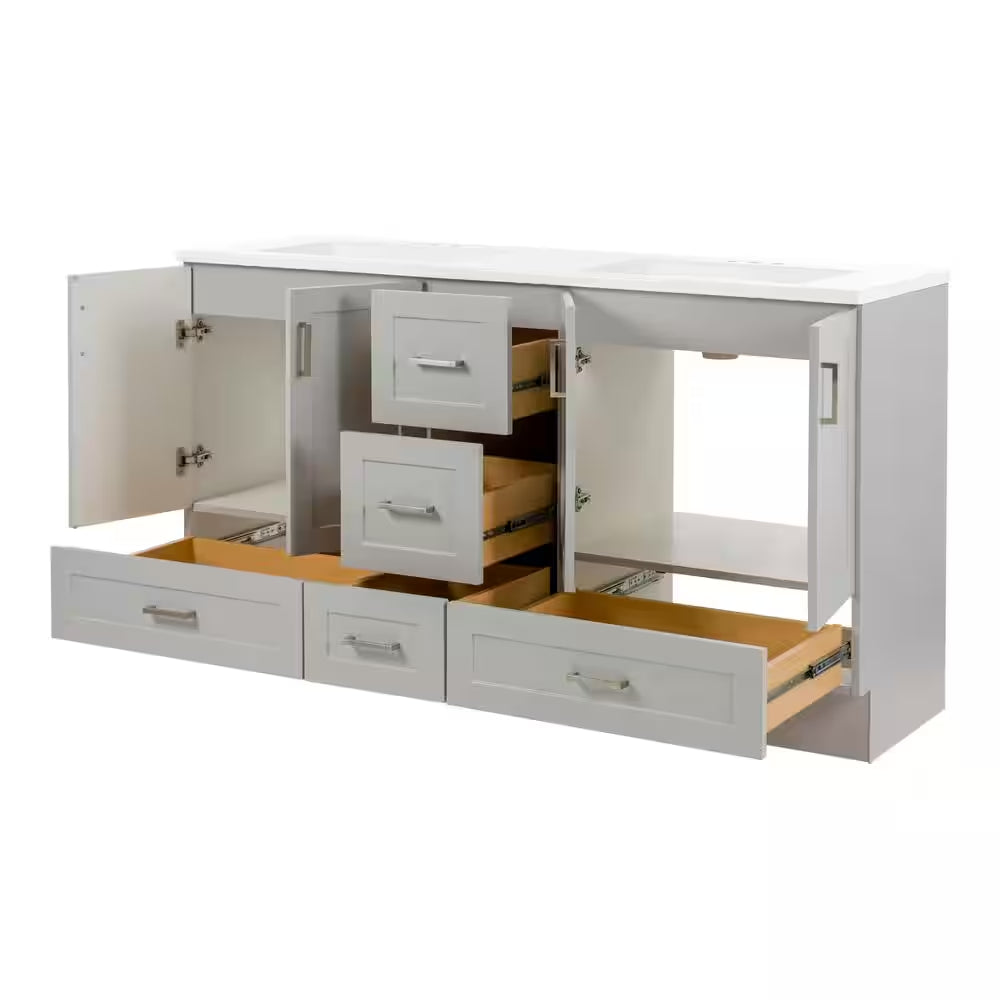 Maybell 61 In. Double Sink Pearl Gray Bath Vanity with White Cultured Marble Top (Assembled)