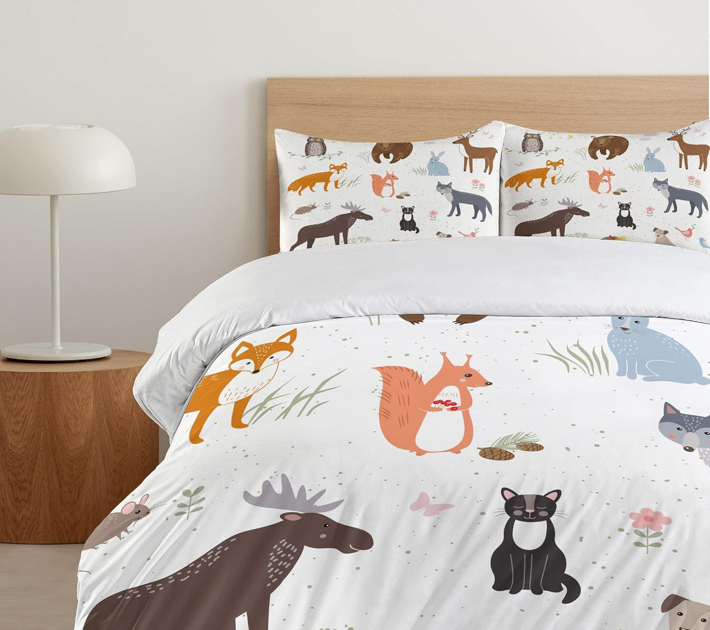 Cabin Duvet Cover Set, Animals in the Springtime Meadow Woodland Fauna Room, Decorative 3 Piece Bedding Set with 2 Pillow Shams, Queen Size, Brown White