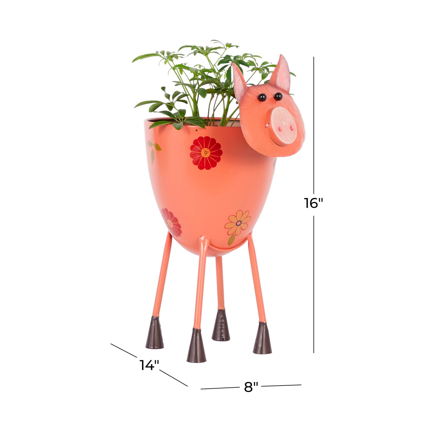 8" X 16" Indoor Outdoor Pink Metal Pig Planter with Floral Pattern Planter