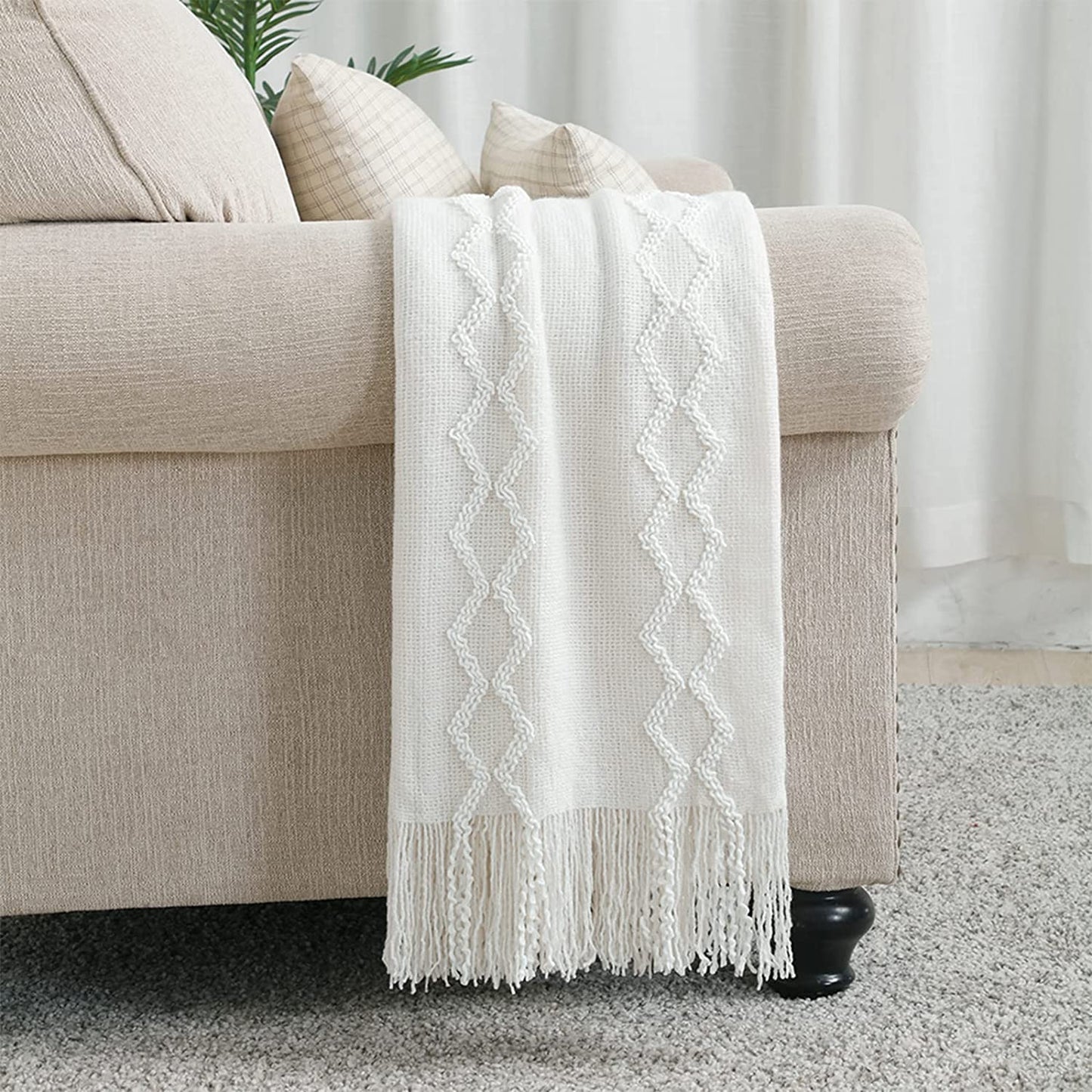 Fluffy Chenille Knitted Fringe Throw Blanket Lightweight Soft Cozy for Bed Sofa Chair Throw Blankets, Cream White 50" X 60"