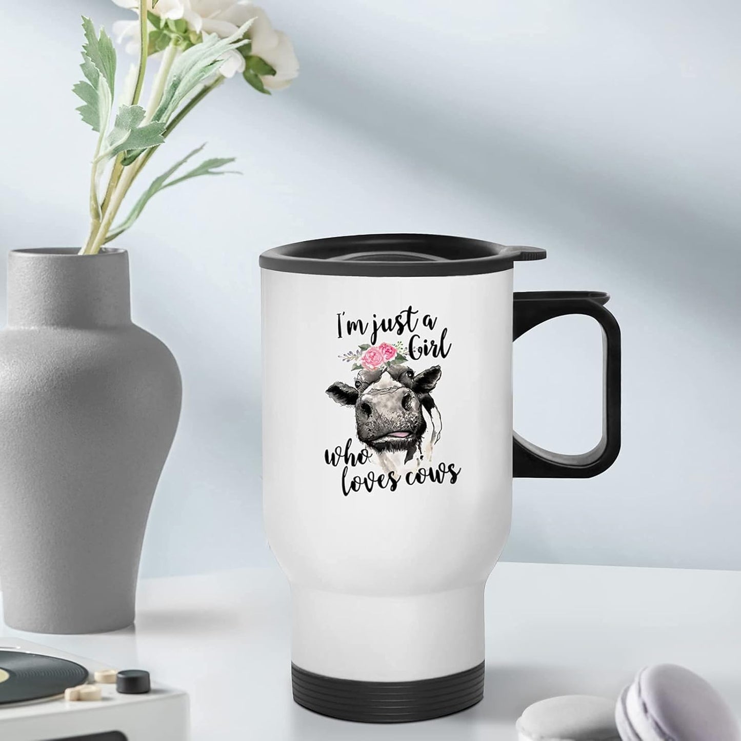 Valentines I M Just a Girl Who Loves Cows Flower Women Stuff 13.5Oz Print Cup Cow Gifts for Women Stainless Steel Tumbler Kitchen Decor - Gift Idea for Cow Lovers Stuff Farm Animal