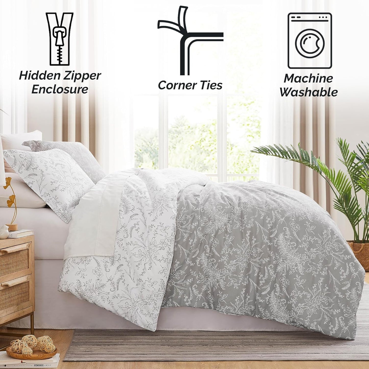 Reversible Floral Duvet Cover Set, Twin//Xl – Premium Microfiber Bedding, Easy Care – Includes 1 Twin Duvet Cover and 1 Sham, Machine Washable, Winter Brush Steel Grey