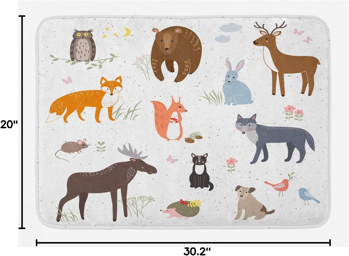 Cabin Bath Mat, Animals in the Springtime Meadow Woodland Fauna Room, Plush Bathroom Decor Mat with Non Slip Backing, 30.2" X 20", Umber Multicolor White