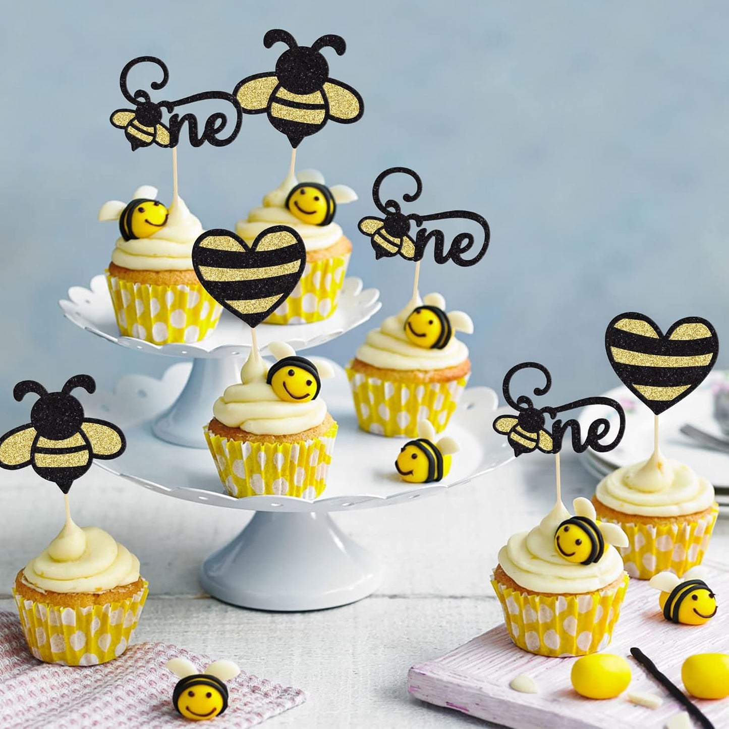 24Pcs Bumble Bee One Cupcake Toppers Heart Bumble Bee Cake Decorations for Boy Girl 1St Birthday Decorations Bee Baby Shower Beehive Honey Party Supplies