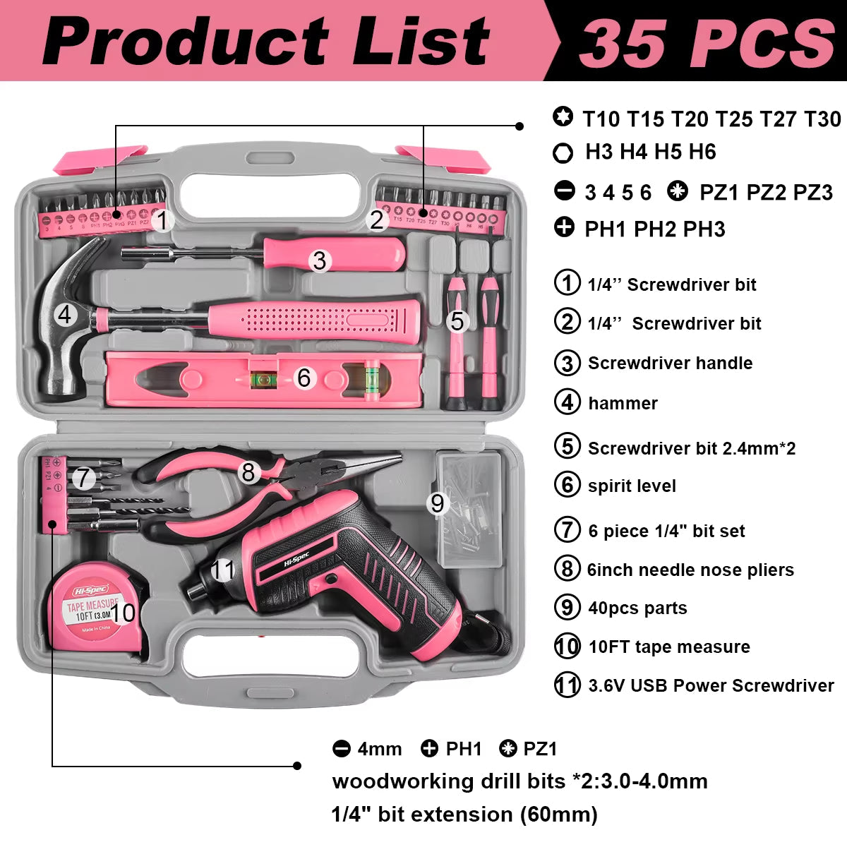 67/71/56/35Pcs Automotive Maintenance Tools -Household Repair Tool Kit Multi-Purpose Pink Hand Tool Set with Storage Box
