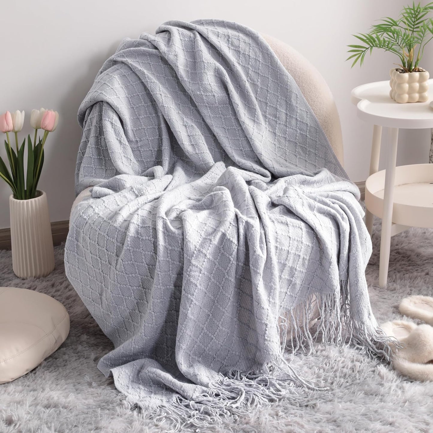 Acrylic Knitted Throw Blanket, Lightweight and Soft Cozy Decorative Woven Blanket with Tassels for Travel, Couch, Bed, Sofa, 51X67 Inches, Taupe Checkered