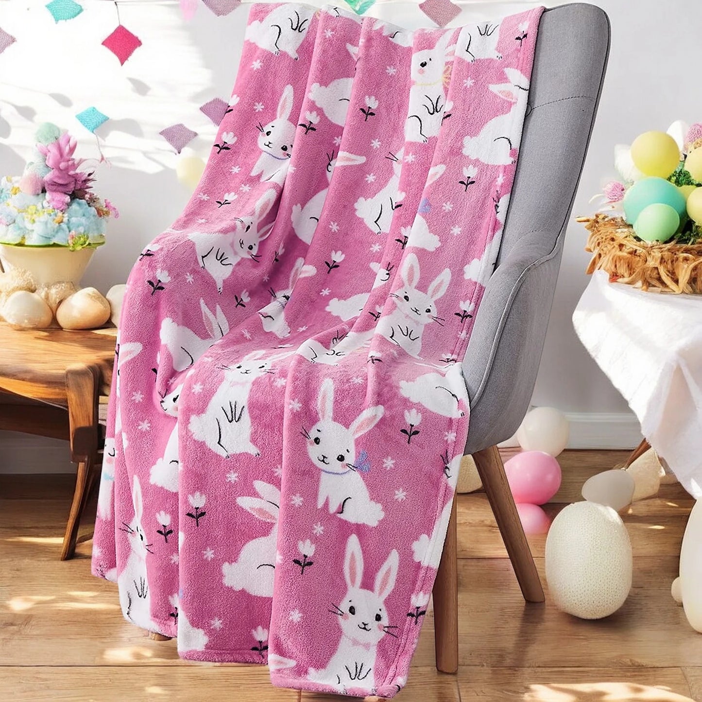 Spring Throw Blanket, Soft Cozy Velvet Fleece, Pink Blue White, 50" X 60" Inch