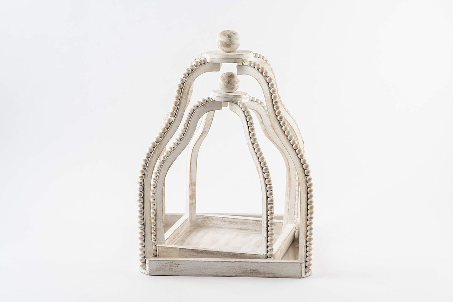 Wood Beaded Lantern Set, Distressed White WASH