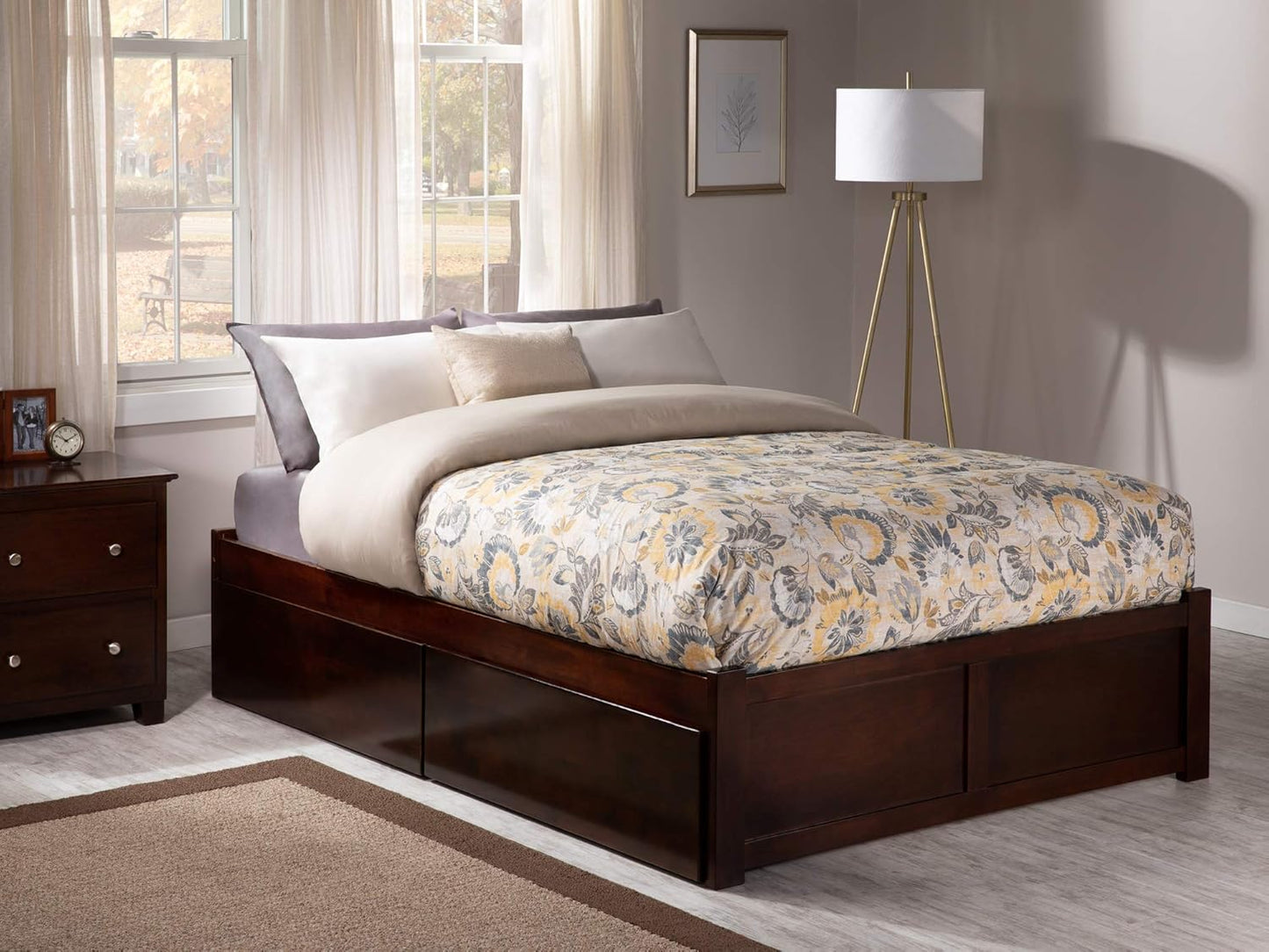 Concord Queen Size Platform Bed with Footboard & Storage Drawers in Walnut
