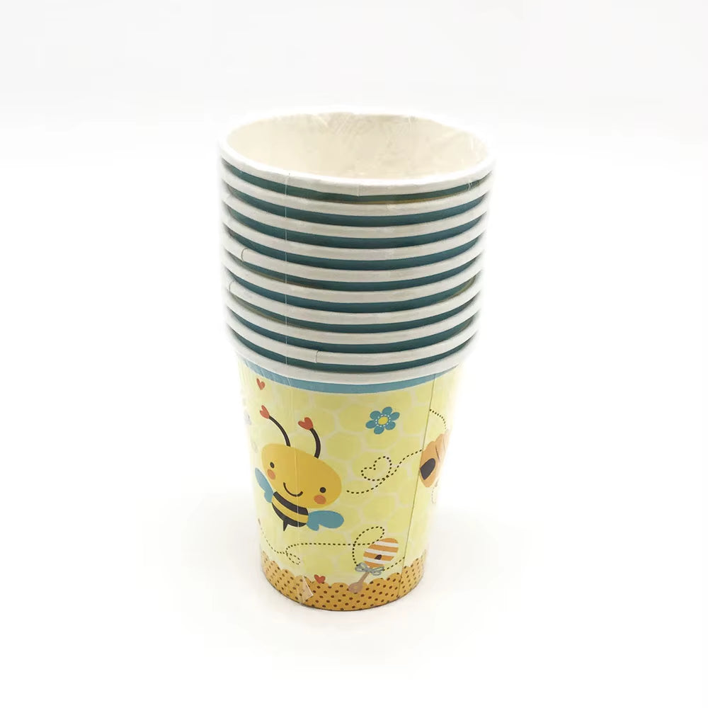 Cute Cartoon Honey Bee Disposable Tableware Plate Cup Kids Birthday Party Decorations Yellow Baby Bee Day Supplies