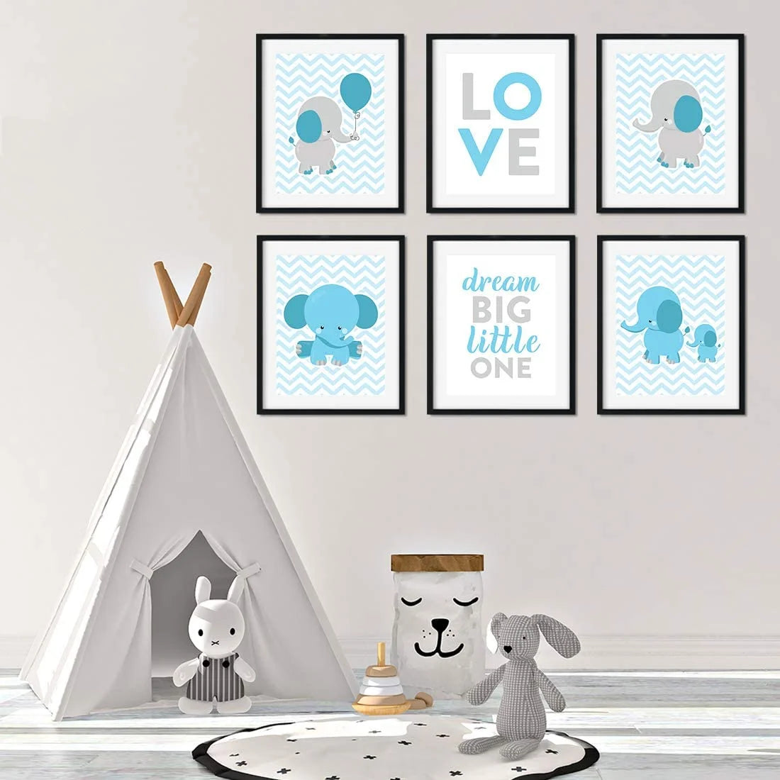 Elephant Theme Boys Nursery Hanging Wall Art, Gray Baby Blue Elephant, Love, Dream Big Little One