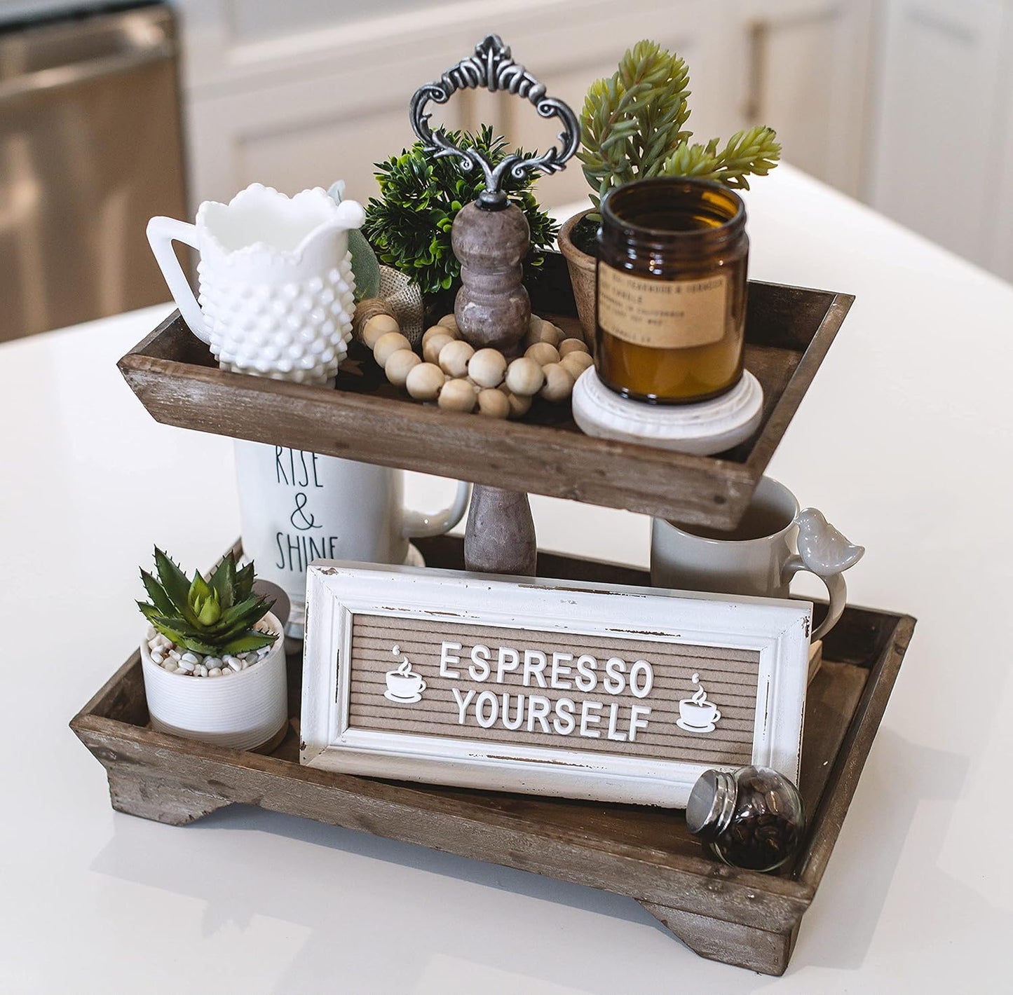 Rustic Wood Two Tiered Tray Rectangle 2 Tier Serving Tray for Coffee Bar, Kitchen Counter, Dining Room Table, Cupcake Stand, Holiday and Farmhouse Decor (Rustic Brown)