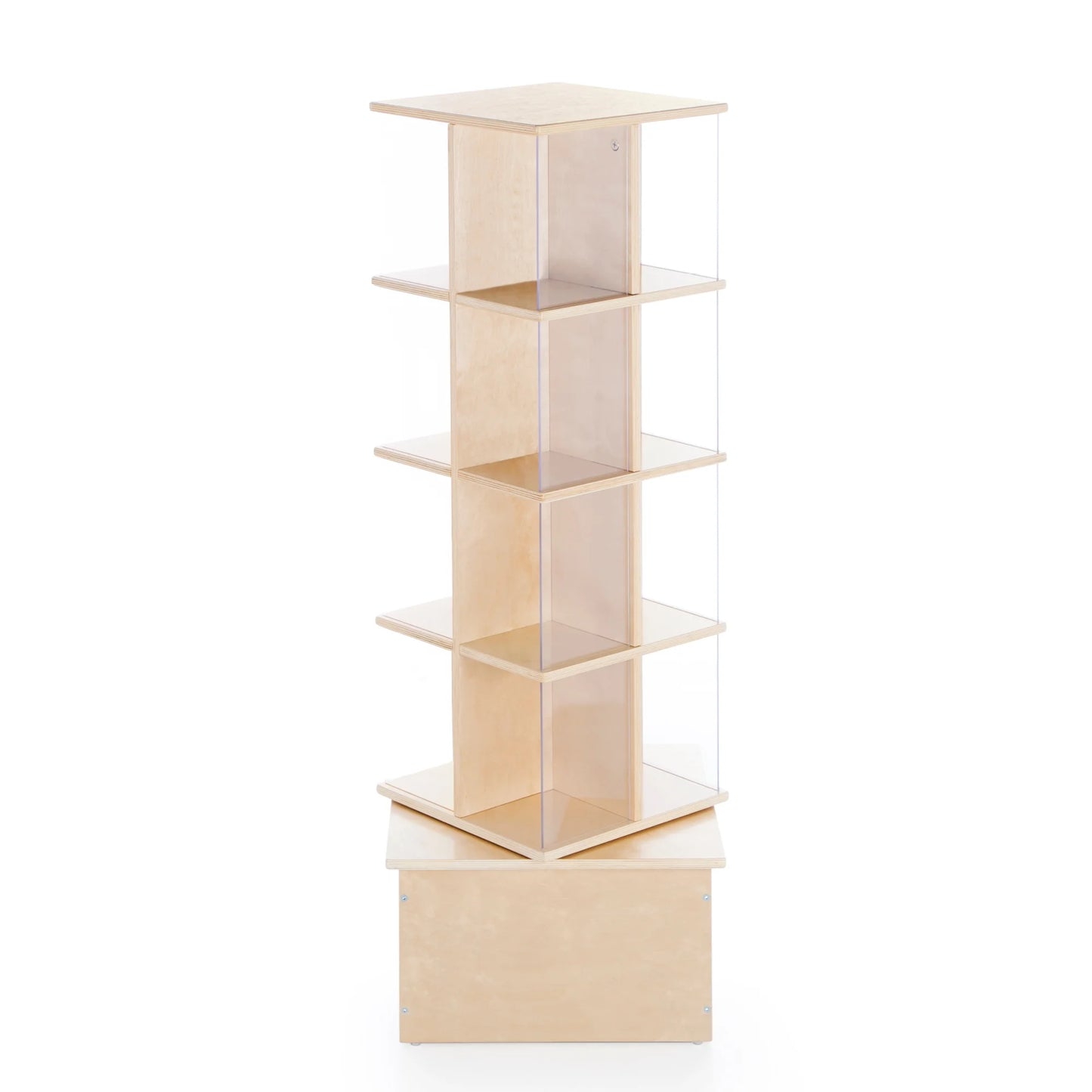 Floor Standing Rotating Book Display: Spinning Bookshelf Tower for Classroom, Kids Playroom, Library | Revolving Bookcase W/ Acrylic Windows, Birch Plywood Montessori Storage