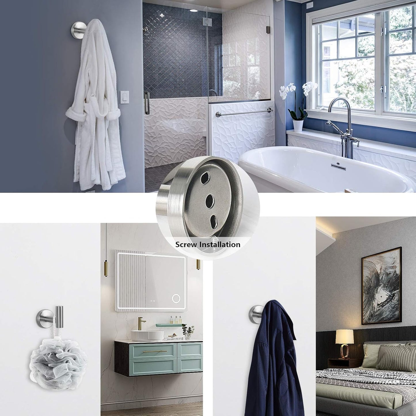 7 Pieces Bathroom Hardware Set SUS304 Thicken Stainless Steel-Towel Rack Kit Include 24" Towel Rod+ 9" Hand Towel Bar+ Toilet Paper Holder+4Robe Towel Hooks Bath Accessories (Nickel)