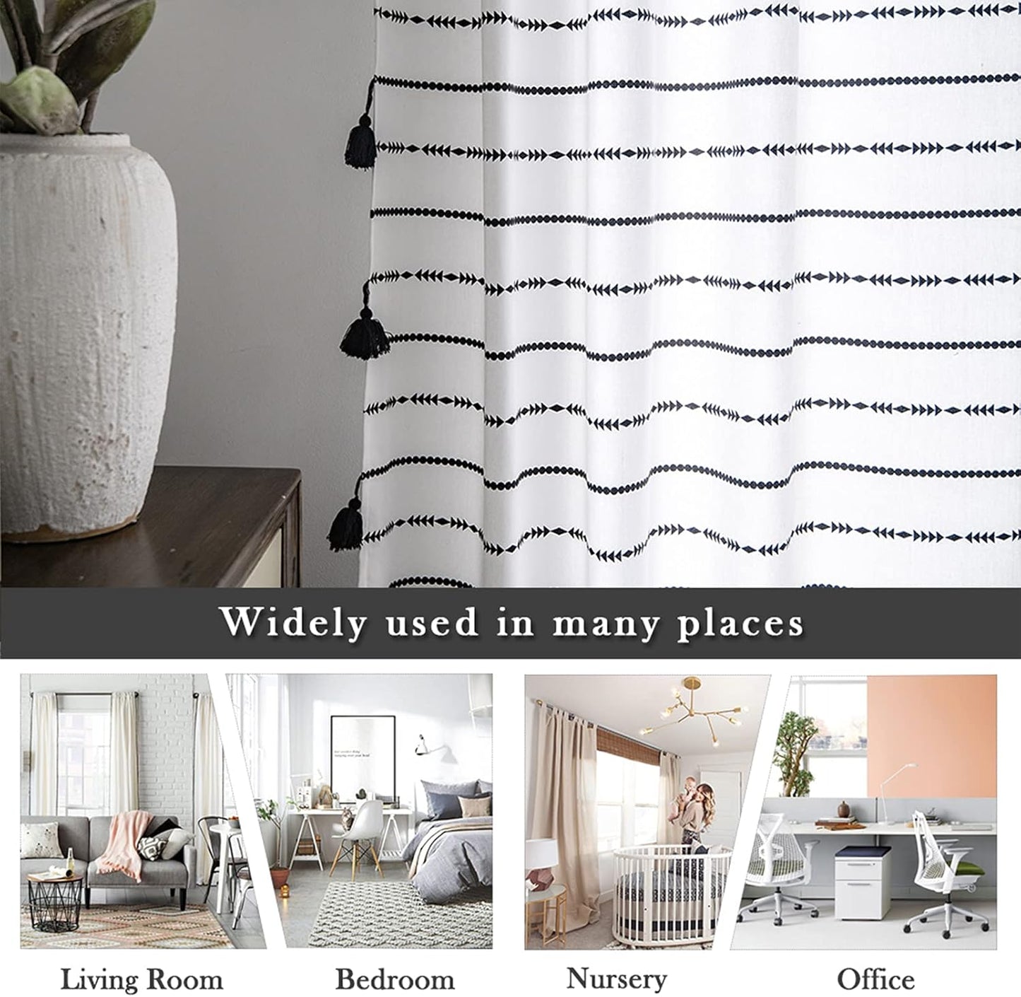 Geometric Striped Semi-Blackout Window Curtains for Living Room Boho Cotton Linen Darkening Curtains with Tassels Rod Pocket Drapes for Bedroom 2 Panels Set (52" W X 84" L, Black/White)
